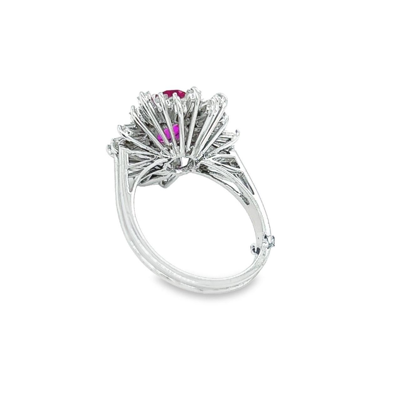 Oval Cut 18 Karat White Gold Oval Ruby Tapered Baguette Diamond Cocktail Ring For Sale
