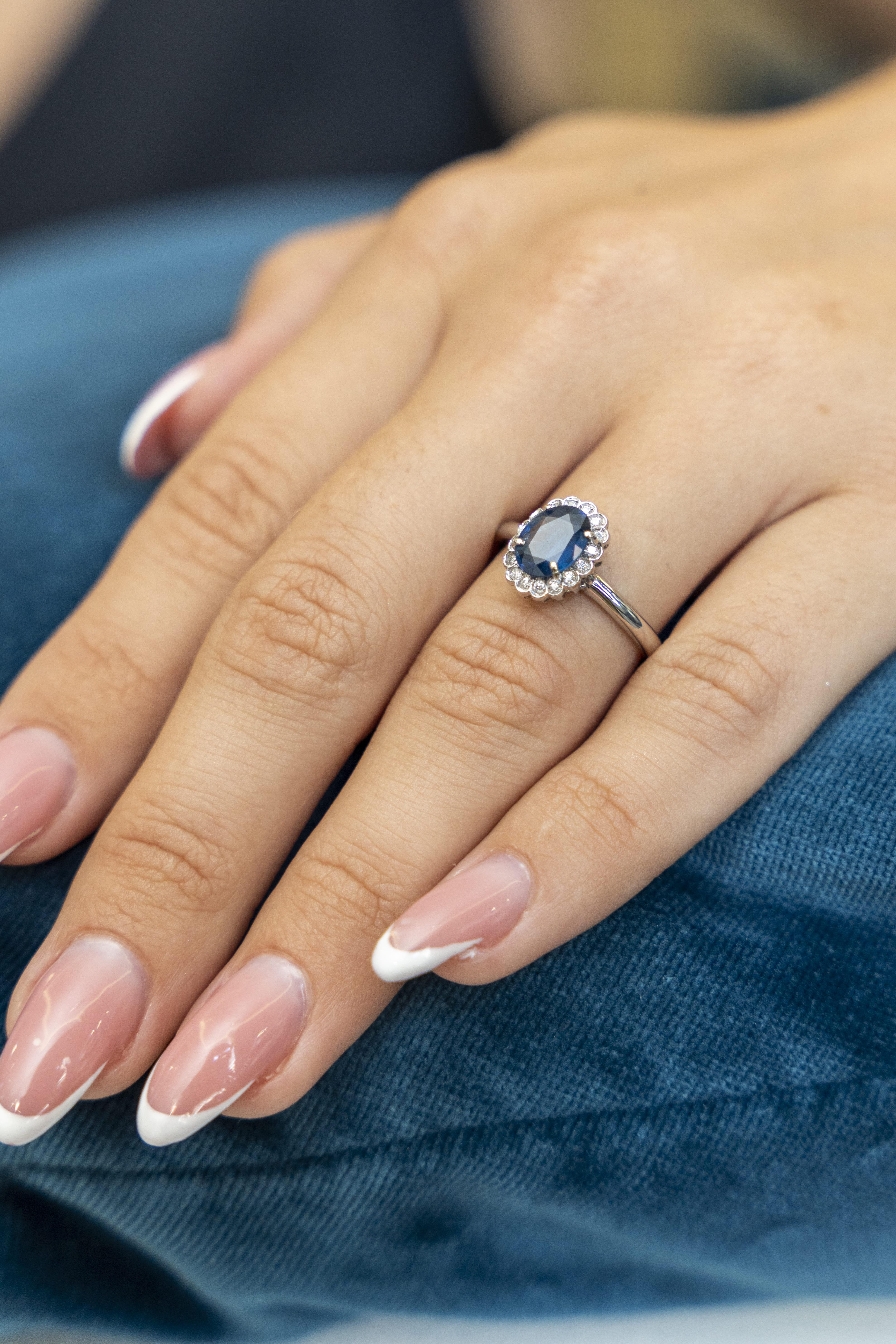 This 18K white gold beautiful ring is from our Timeless Collection. It is made of an oval shape sapphire 1.42 Carat decorated by round shape colourless diamonds in total of 0.16 Carat. Total metal weight is 4 gr.  Great piece for any day!

The