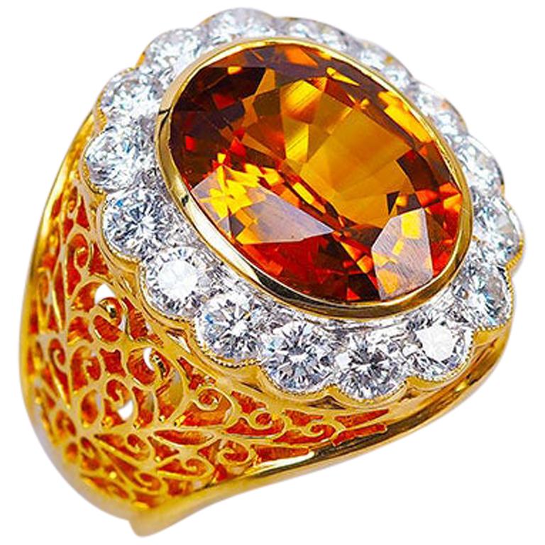 18 Karat White Gold Oval Yellow Sapphire and Diamond Ring For Sale