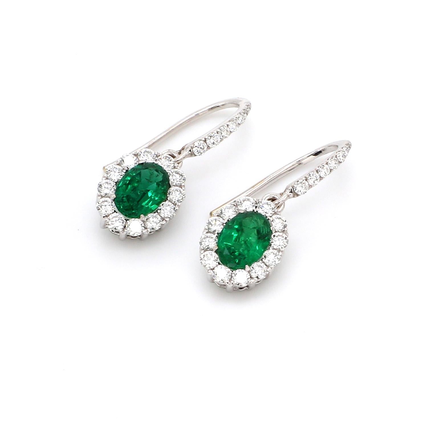 Contemporary 18 Karat White Gold Oval Zambian Emerald Diamond Cocktail Earring
