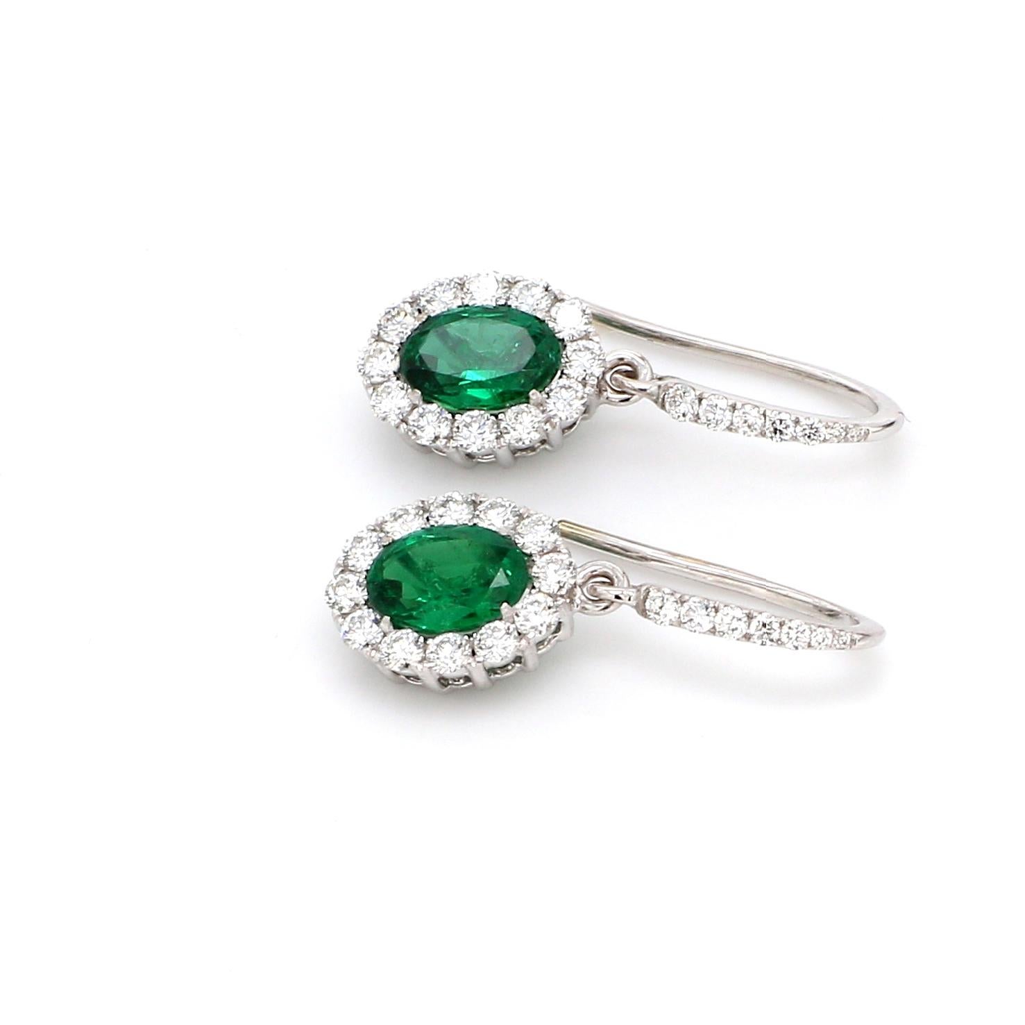 18 Karat White Gold Oval Zambian Emerald Diamond Cocktail Earring In New Condition In Hollywood, FL