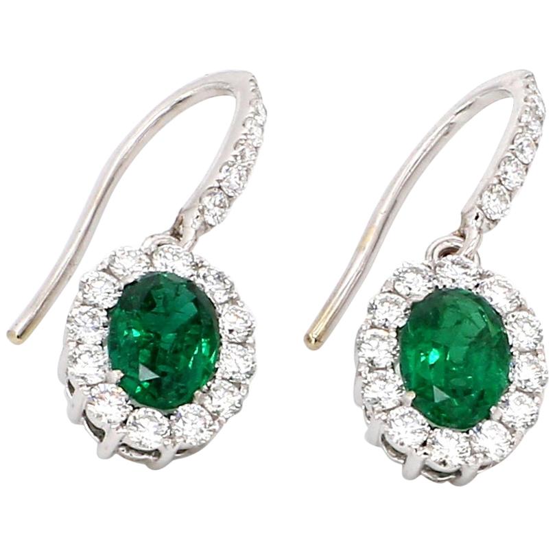 18 Karat White Gold Oval Zambian Emerald Diamond Cocktail Earring