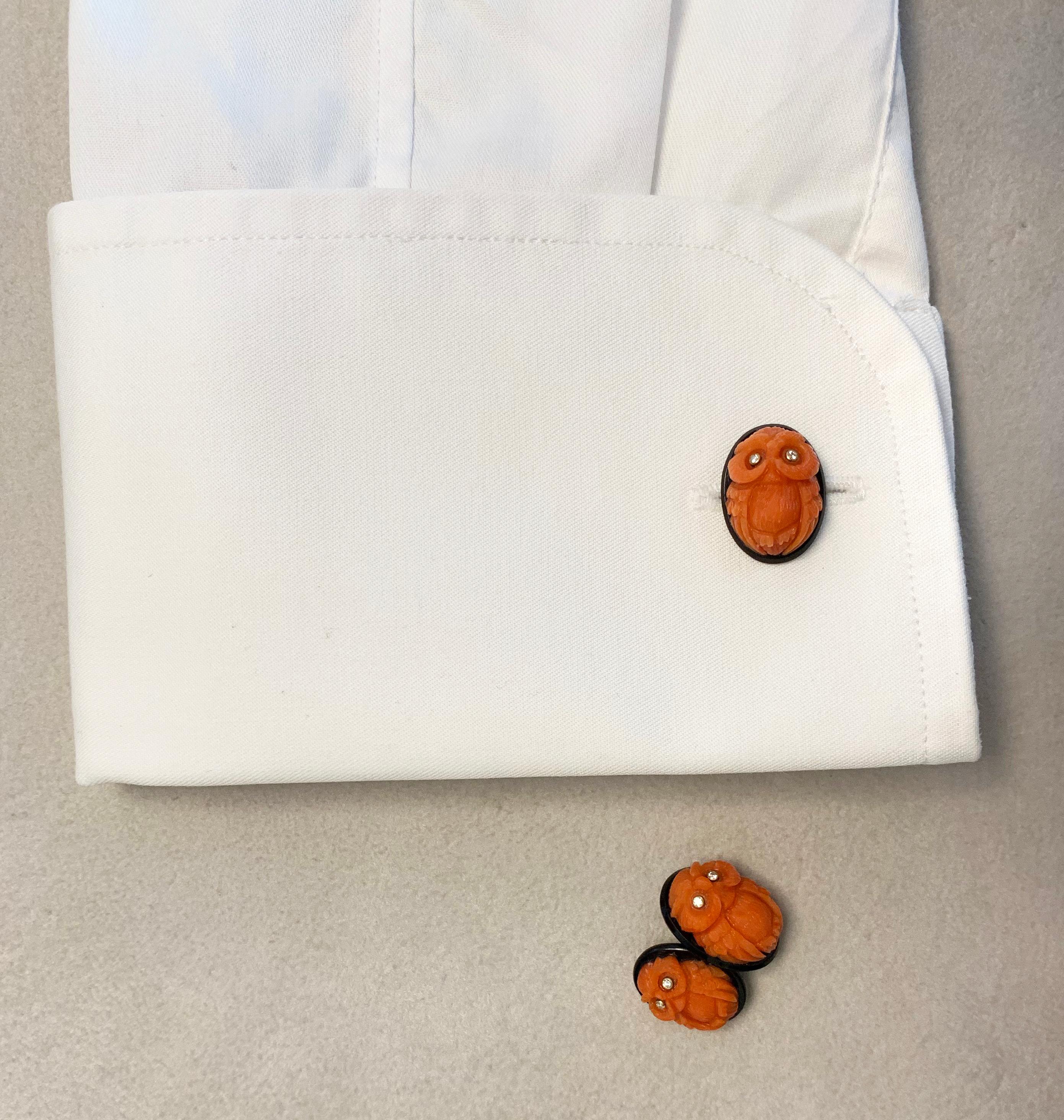 Women's or Men's 18 Karat White Gold Owl in Mediterranean Coral Onyx Diamonds Cufflinks For Sale