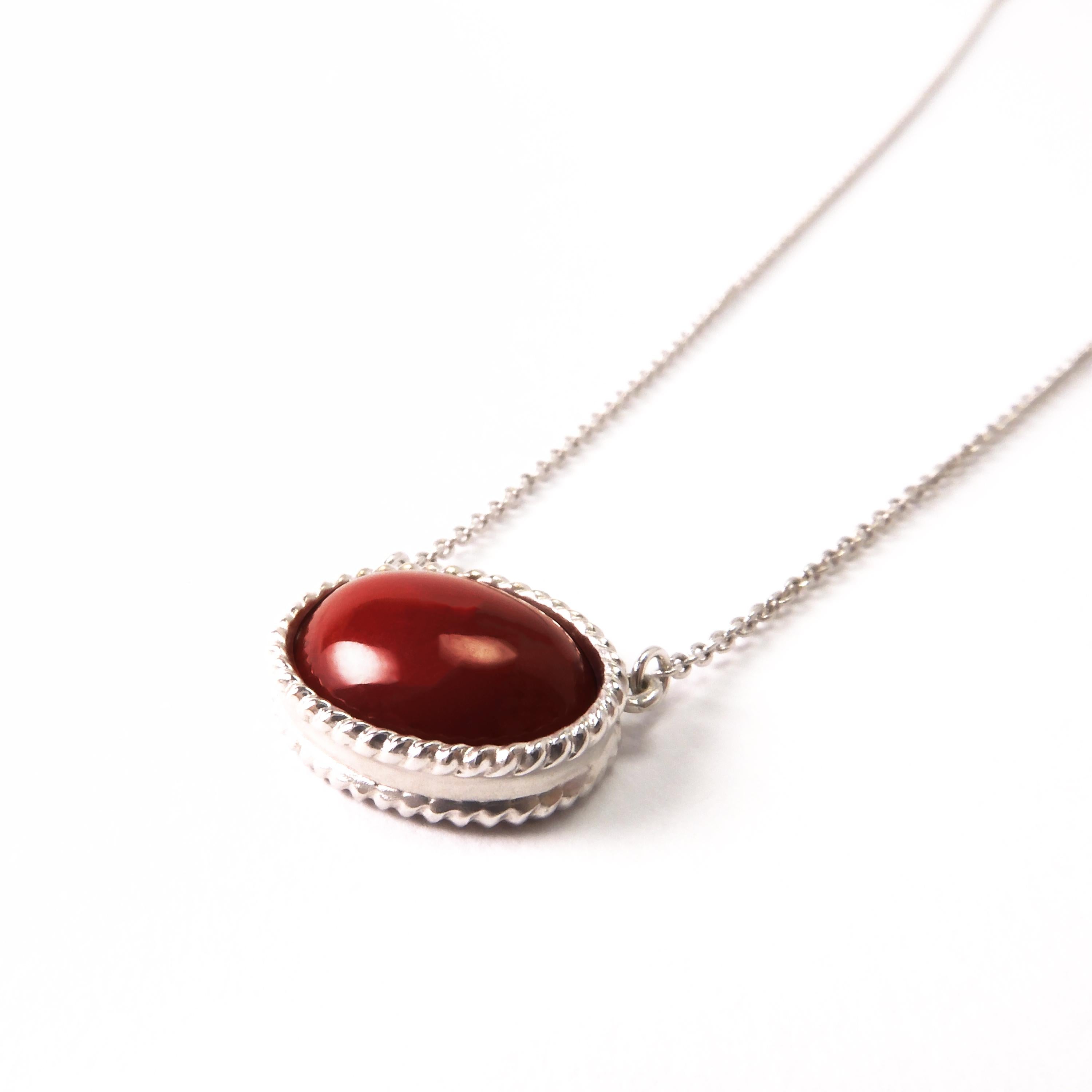 Oval Cut 18 Karat White Gold Red Coral Pendant For Sale