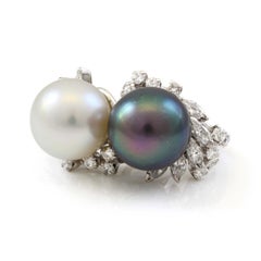 18 Karat White Gold Pair of Stacking Pearl and Diamond Estate Rings