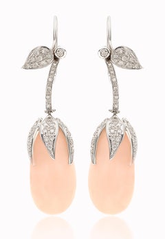 18 Karat White Gold Pale Pink Coral and Diamonds Floral Earrings