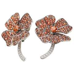 AENEA 18k White Gold Palladium Orange Sapphire White Diamonds Flower Earrings