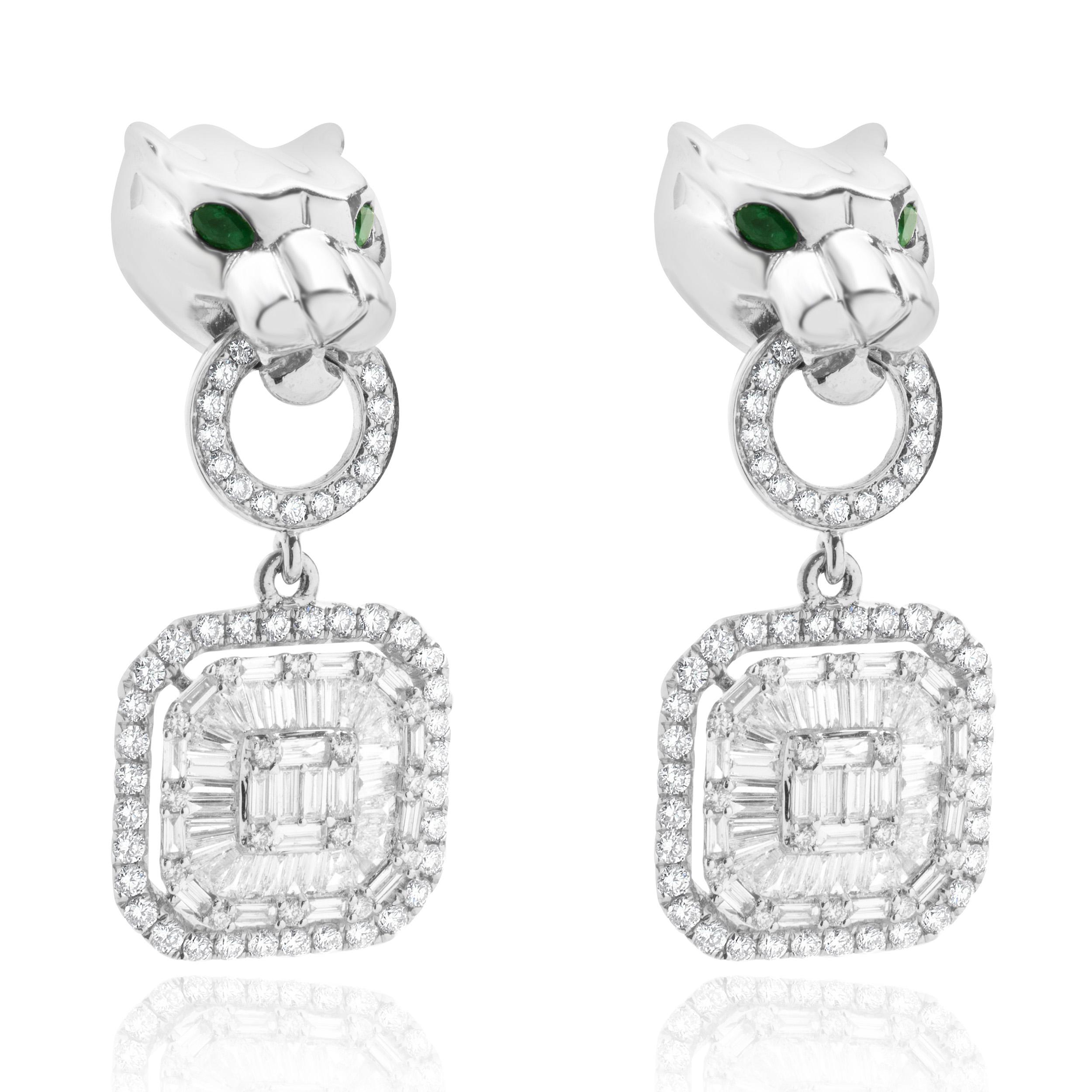 18 Karat White Gold Panther Mosaic Set Diamond Drop Earrings In Excellent Condition For Sale In Scottsdale, AZ