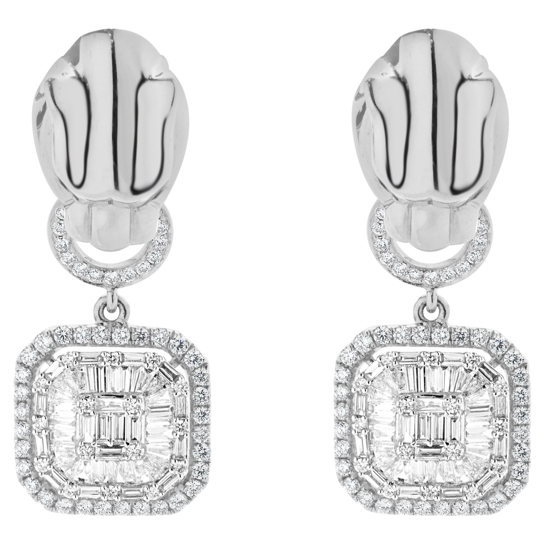 18 Karat White Gold Panther Mosaic Set Diamond Drop Earrings For Sale