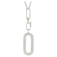 18 Karat White Gold Paperclip Link Necklace with Pave Diamond Oval Drop