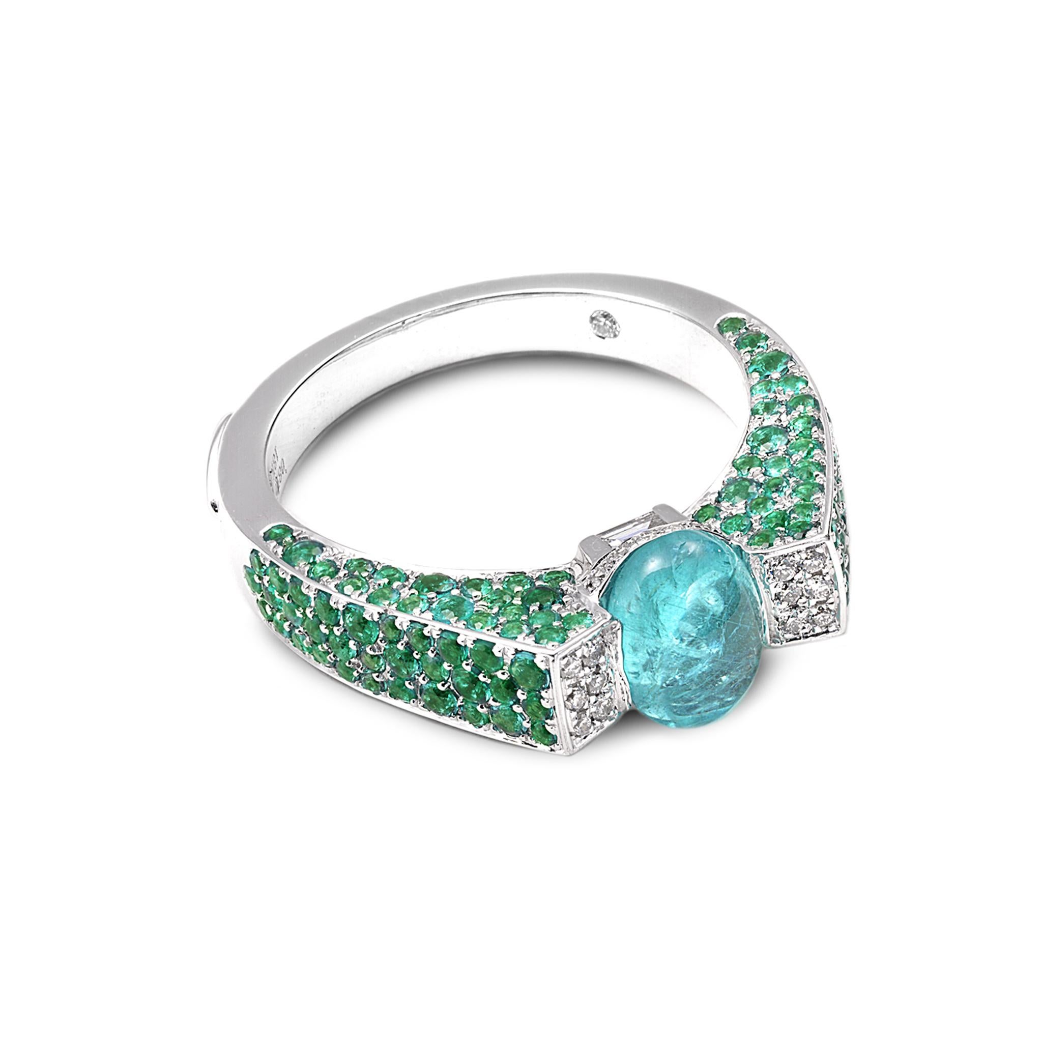 Cushion Cut 18 Karat White Gold Paraiba and Emerald Ring