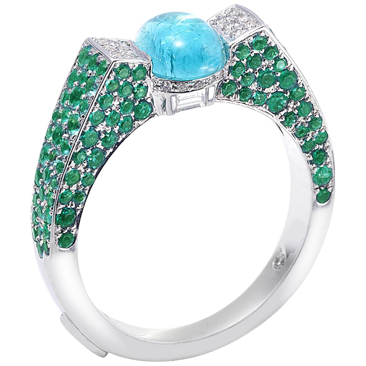 18 Karat White Gold Paraiba and Emerald Ring