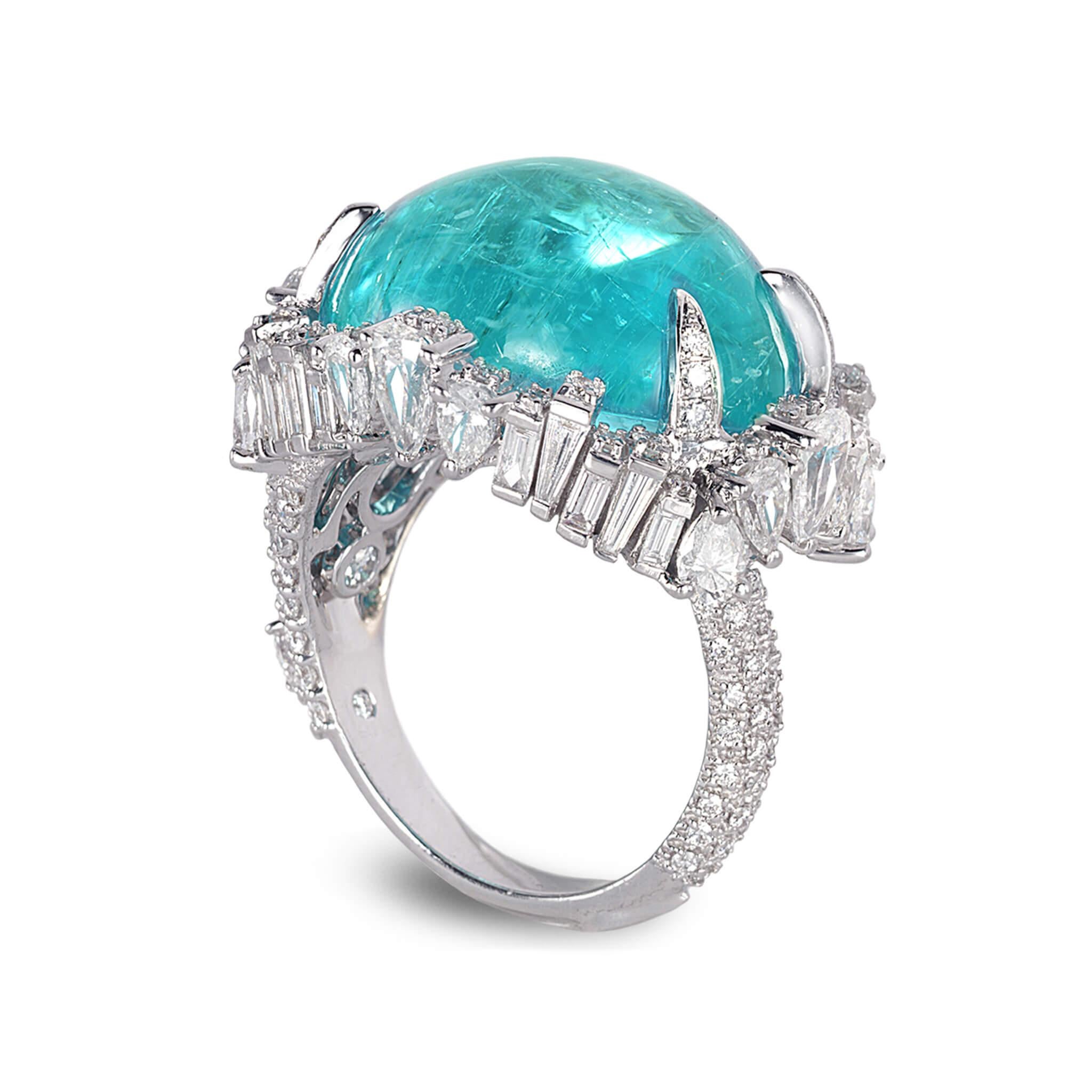 Trinity cluster ring with 22.90cts paraiba tourmaline and 3.38cts diamond.
