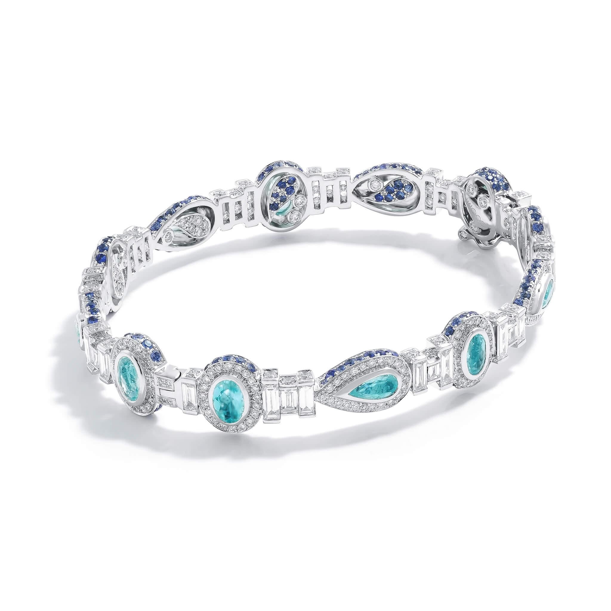 Modern 18 Karat White Gold Paraiba Diamond and Blue Sapphire, Bracelet