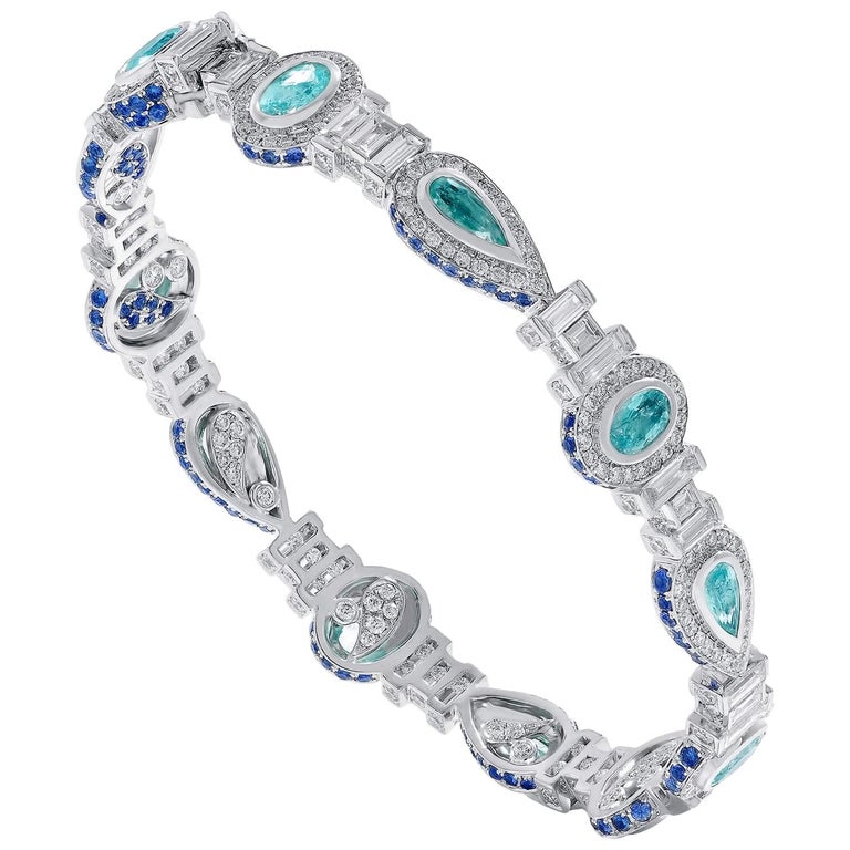 18 Karat White Gold Paraiba Diamond and Blue Sapphire, Bracelet For Sale
