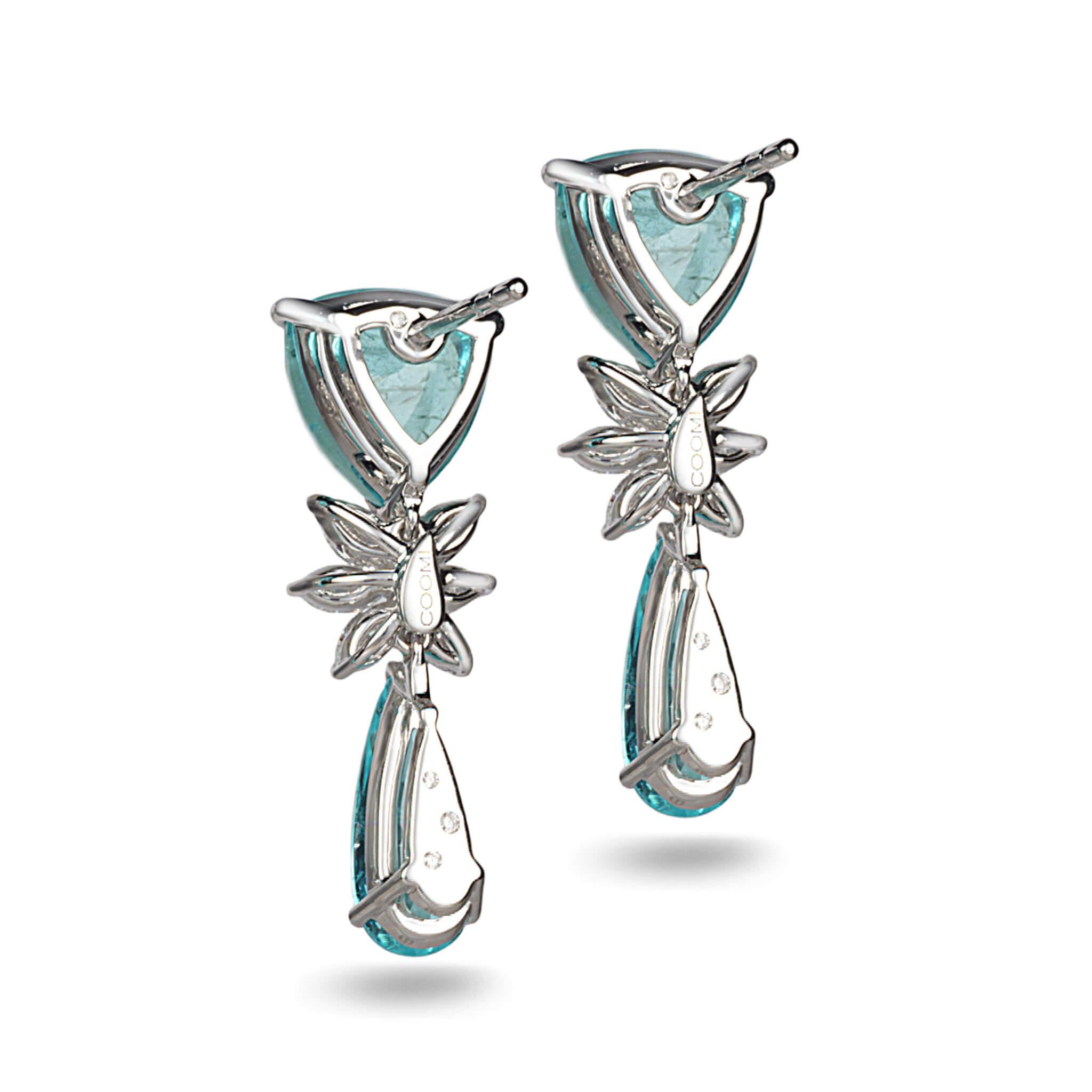 Trinity double drop earrings set in 18K white gold with 12.33cts paraiba tourmaline and 1.34cts diamond.
