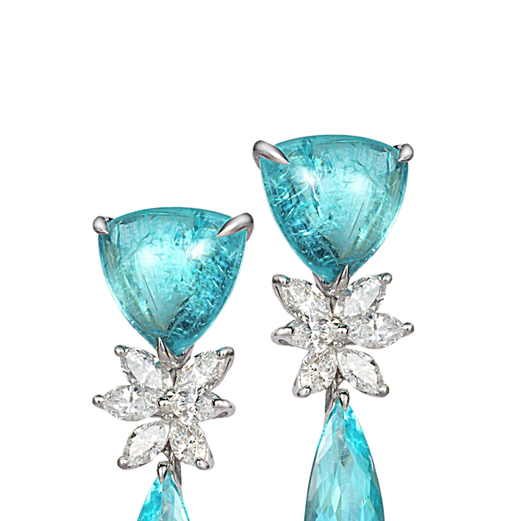 18 Karat White Gold Paraiba Double Drop Earrings In New Condition In Secaucus, NJ