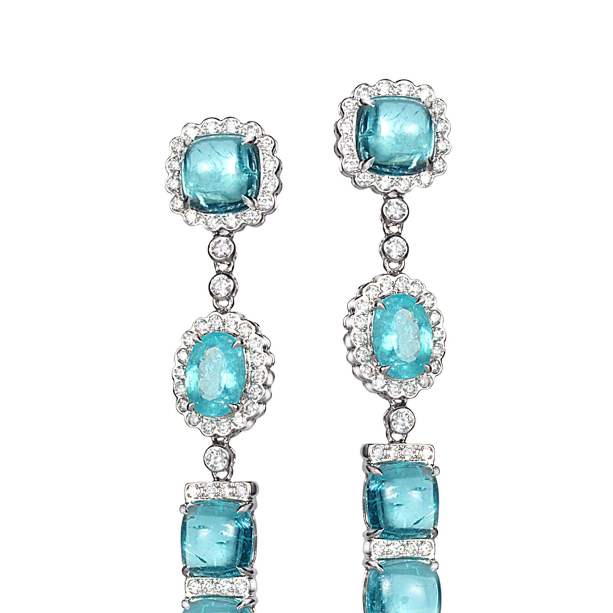 Trinity long earrings set in 18K white gold with 15.36cts paraiba tourmaline and 1.19cts diamond.
