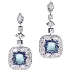 18 Karat White Gold Paraiba, Sapphire and Diamond Drop Earrings