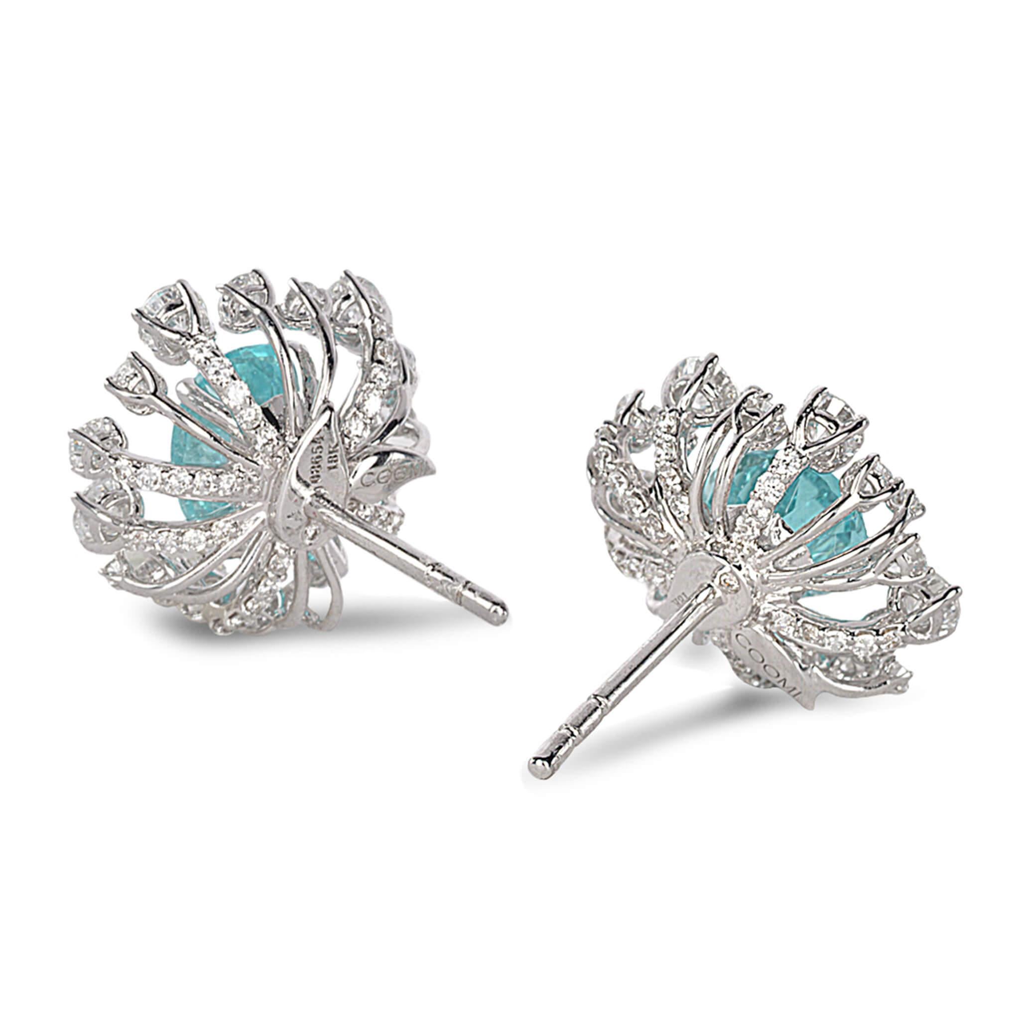 Trinity star burst stud earrings set in 18K white gold with 3.18cts paraiba tourmaline and 1.64cts diamond.
