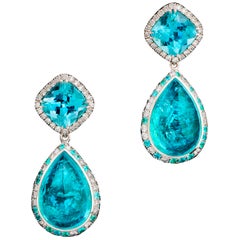 18 Karat White Gold Paraiba Tourmalines 14.49 Carat Diamond Entourage Earrings 18 Karat White Gold Paraiba Tourmalines 14.49 Carat Diamond Entourage Earrings