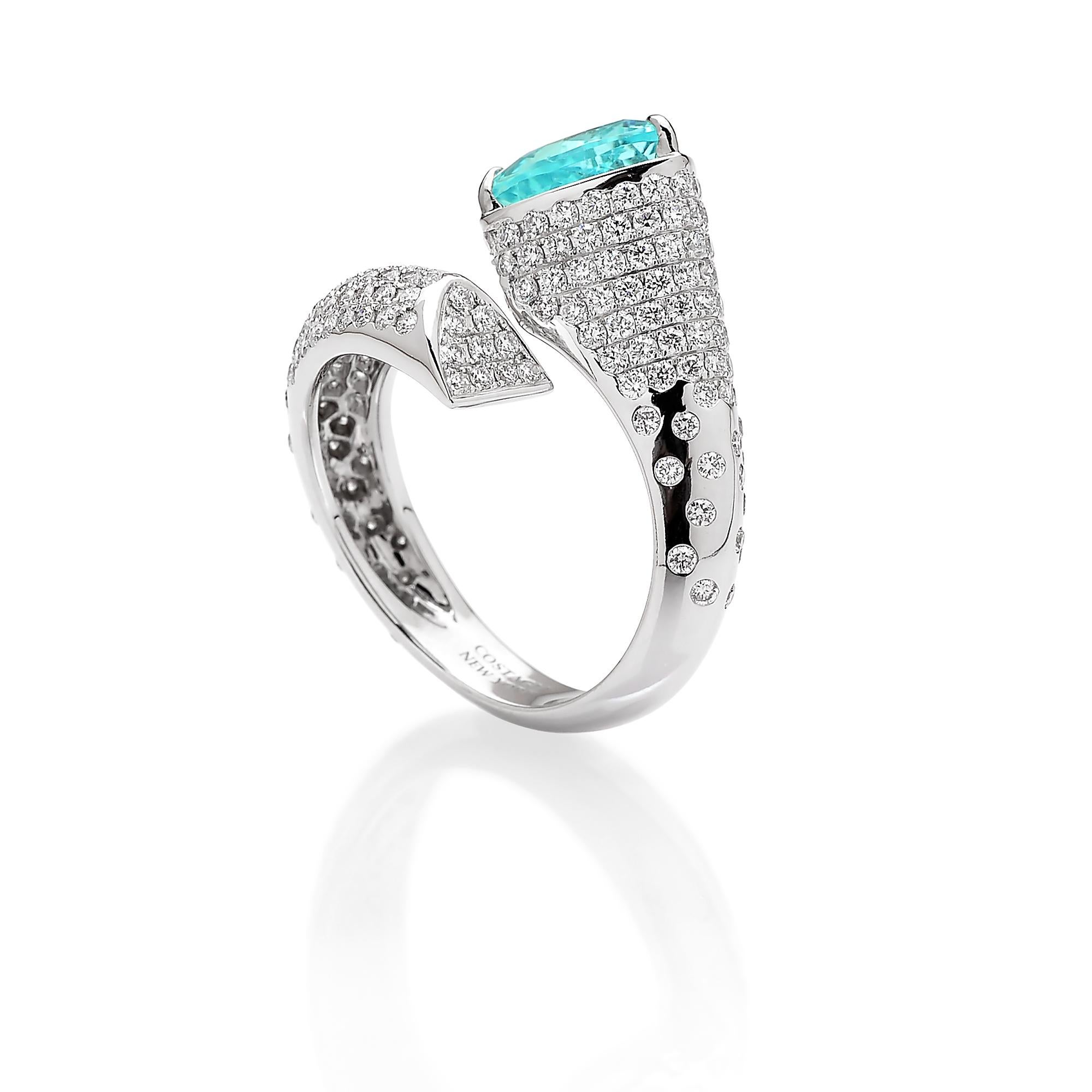 One of a kind trillion shape paraiba-type tourmaline ring set in 18kt white gold with pave-set round, brilliant diamonds.

This one of a kind paraiba-type tourmaline ring features a bold, modern setting for the vibrant, timeless paraiba-type