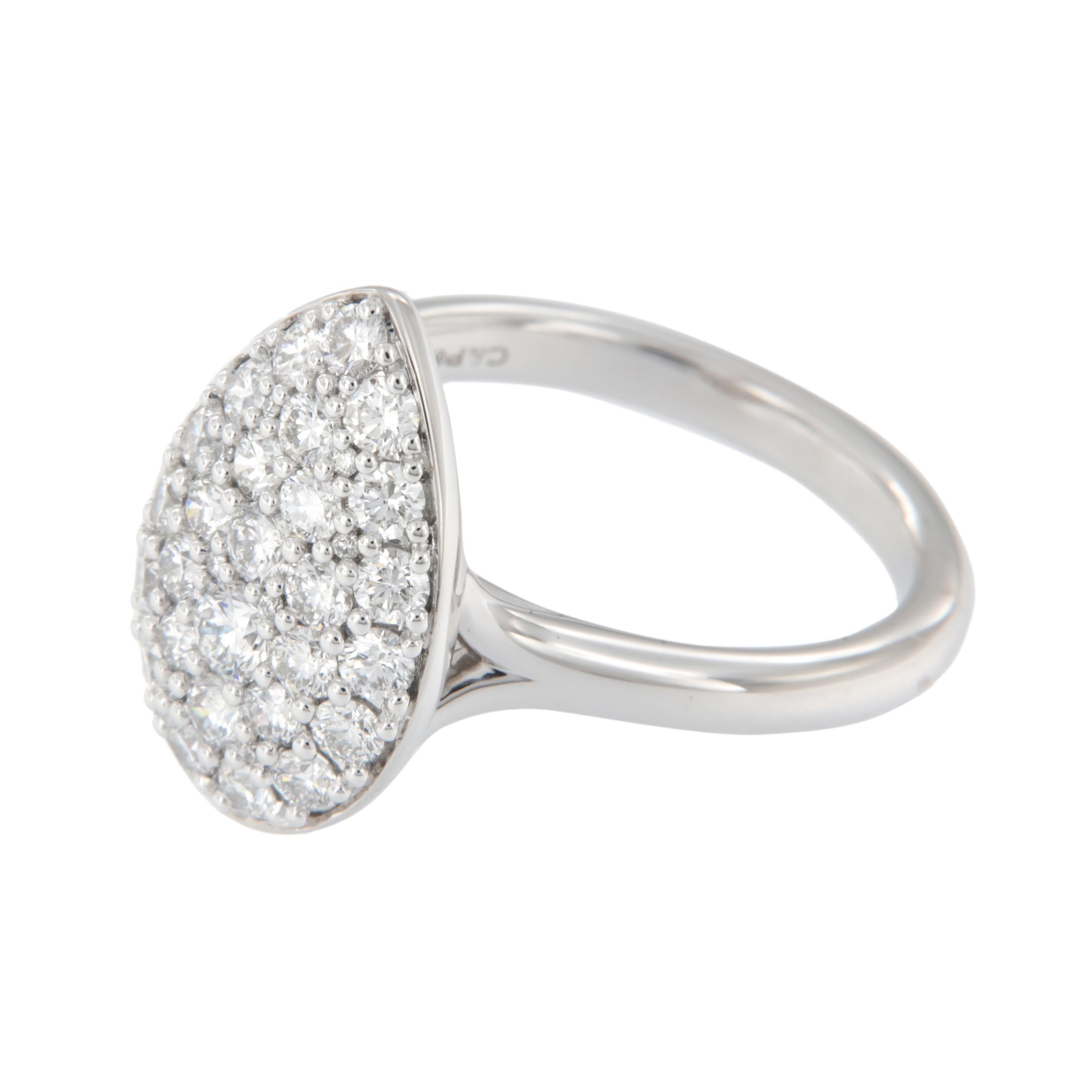 Eye catching pave' set diamond ring with 35 diamonds = 1.32 Cttw! This ring has the look and the size at an amazing price. Made from fine 18 karat white gold and set with VS, F-G diamonds to glimmer from every angle. This ring is a size 6.75 but can