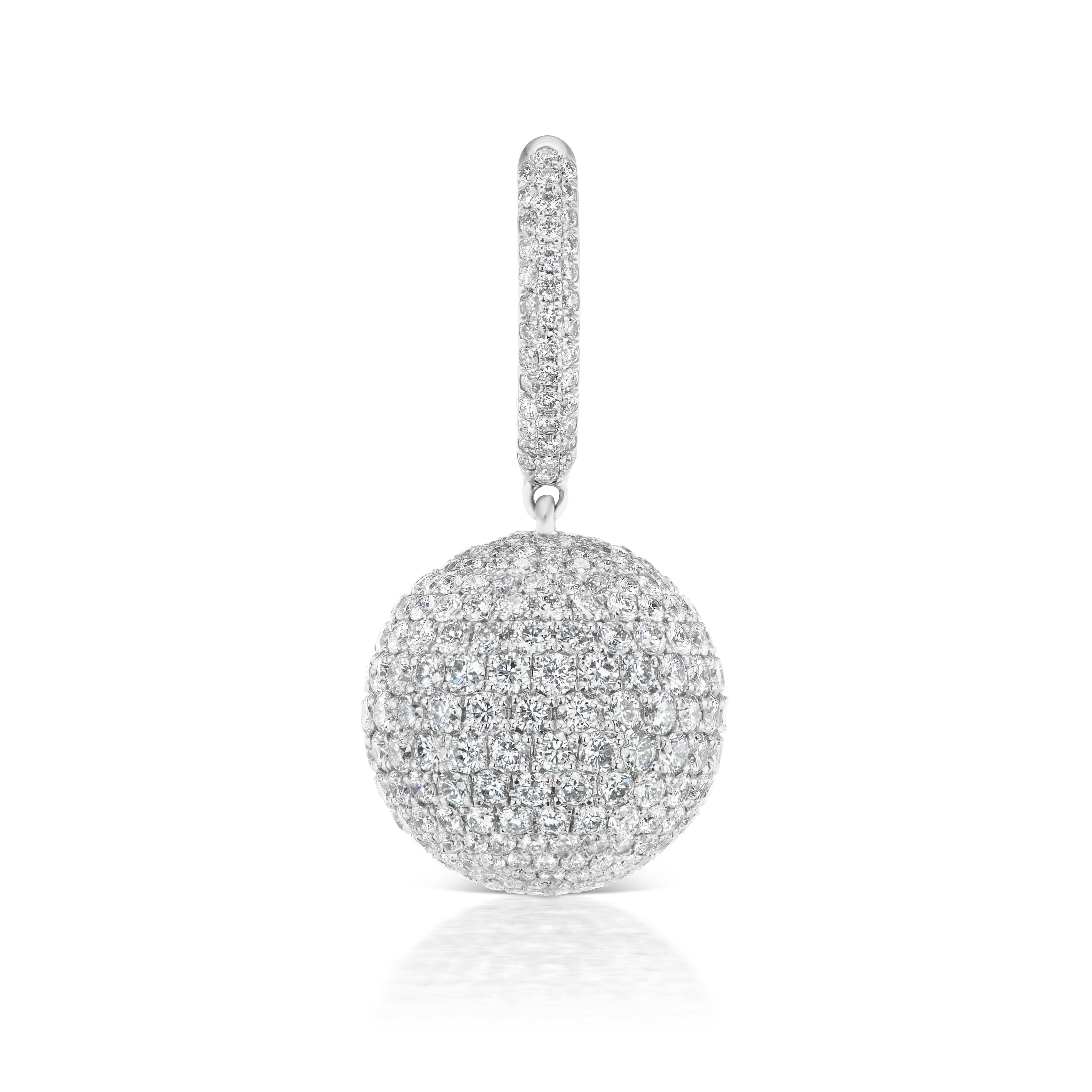 18K White Gold Pave Ball diamond earrings on diamond wires.
Post only.
5.33 Carat TW white diamonds.
1