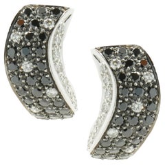18 Karat White Gold Pave Black and White Diamond J Style Hoop Earrings