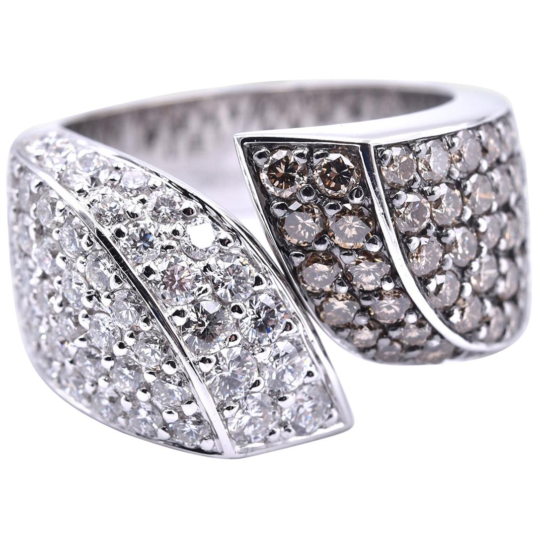 18 Karat White Gold Pave Champagne and White Diamond Bypass Ring