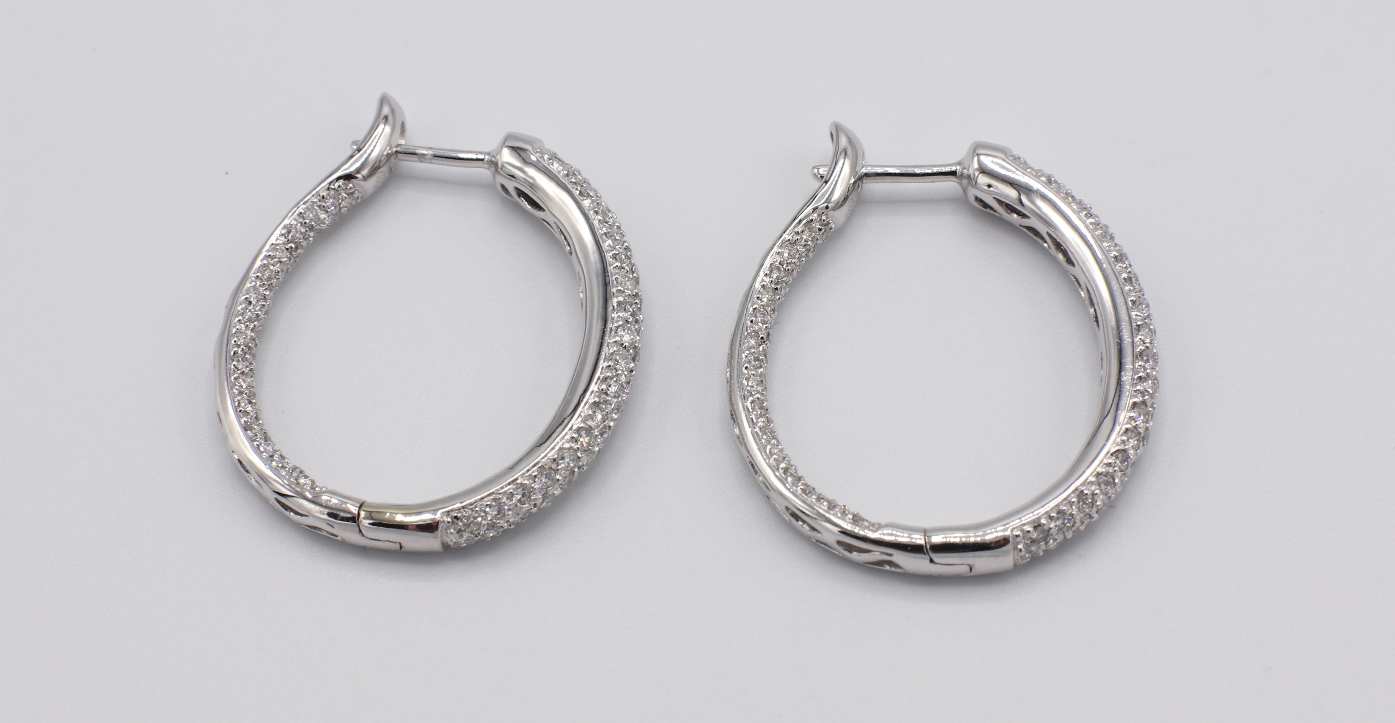 18 Karat White Gold Pave Diamond 2 Carat Hoop Earrings In Excellent Condition In  Baltimore, MD