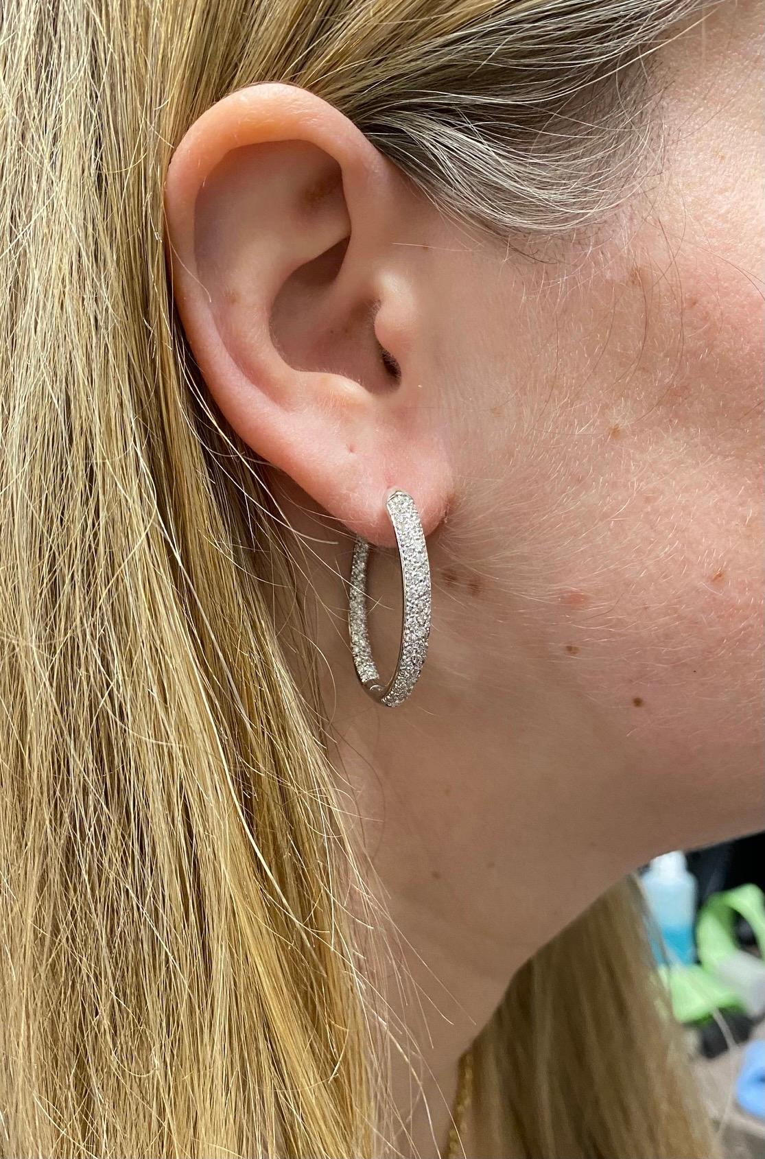 Women's 18 Karat White Gold Pave Diamond 2 Carat Hoop Earrings