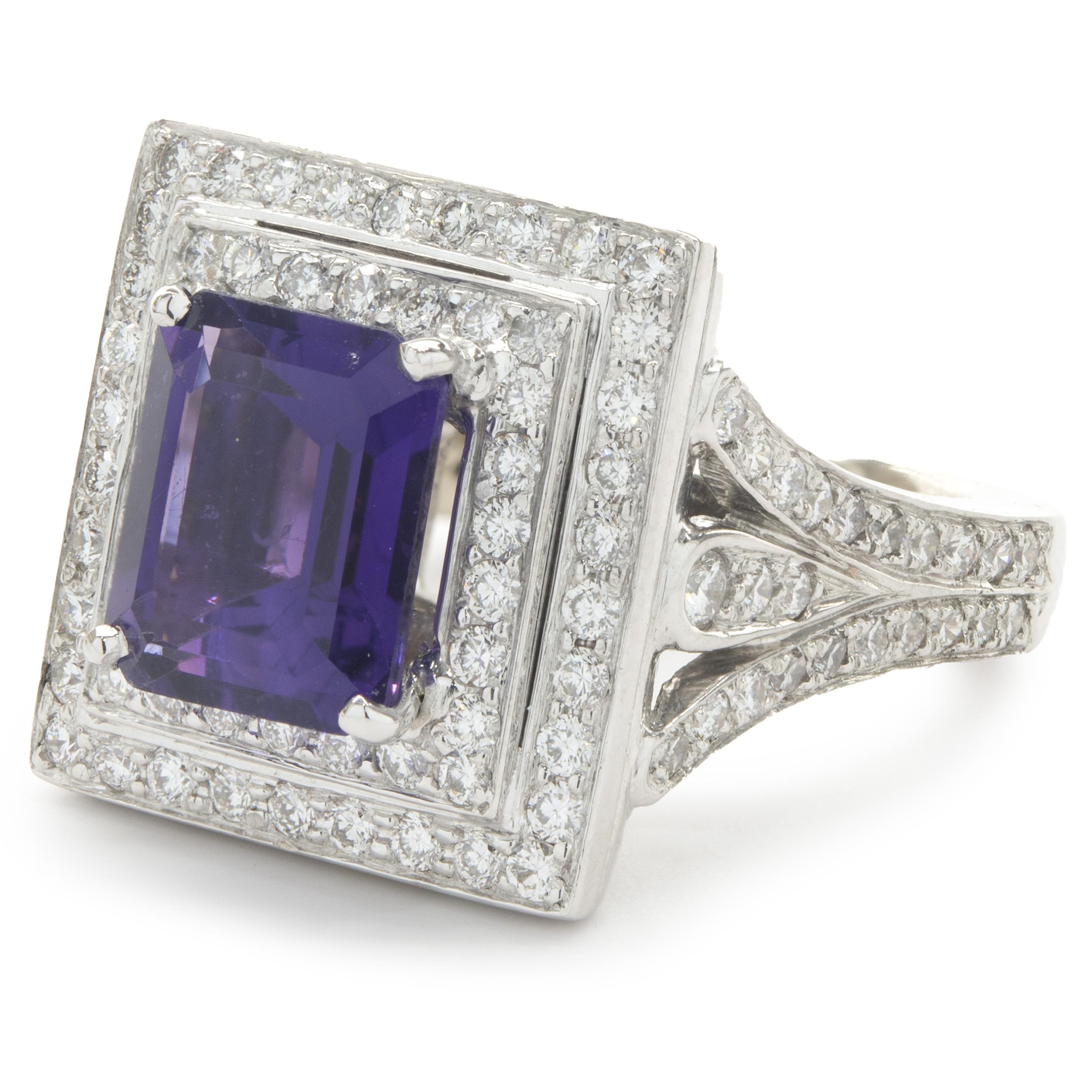 Emerald Cut 18 Karat White Gold Pave Diamond and Amethyst Cocktail Ring