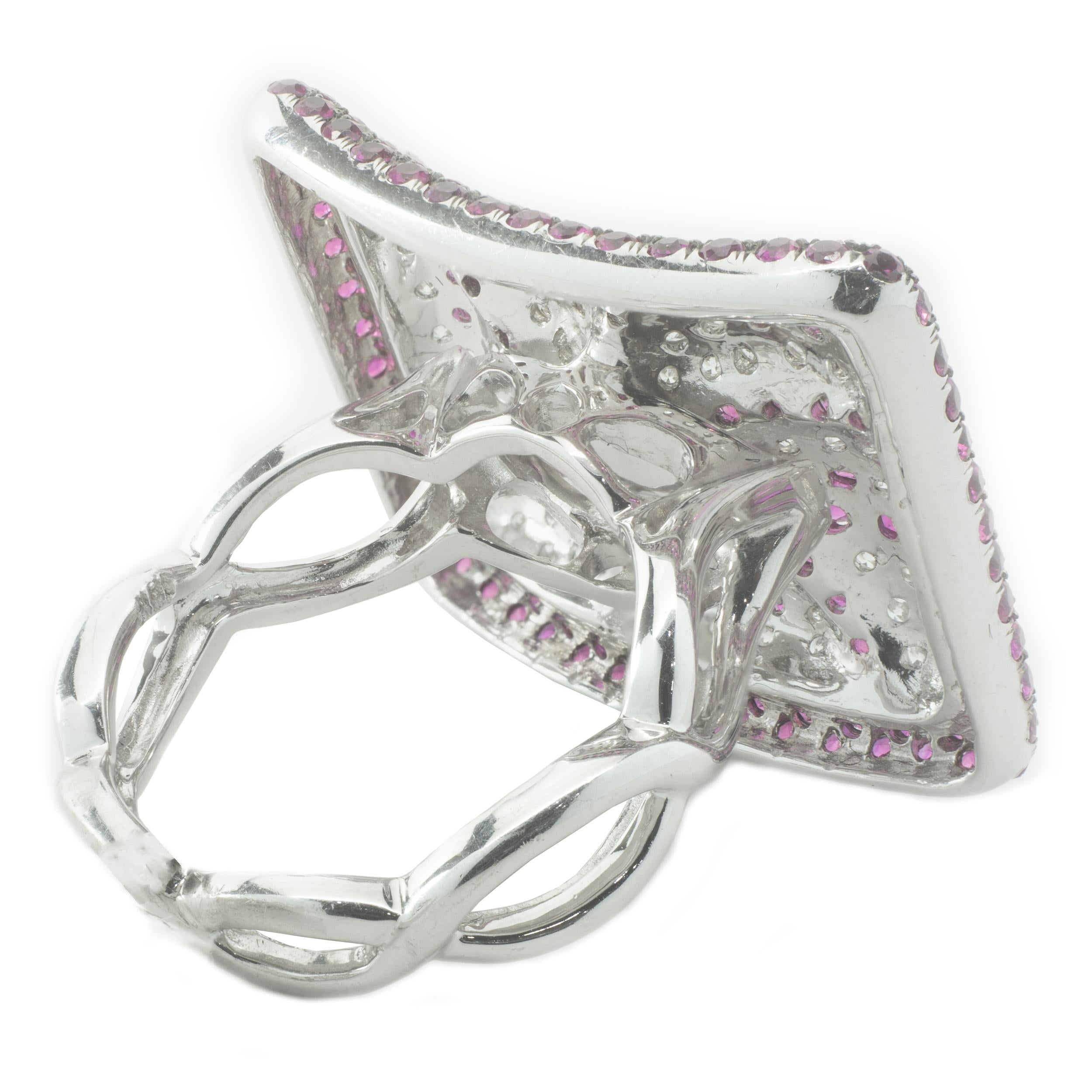 Round Cut 18 Karat White Gold Pave Diamond and Pink Sapphire Rectangle Fashion Ring