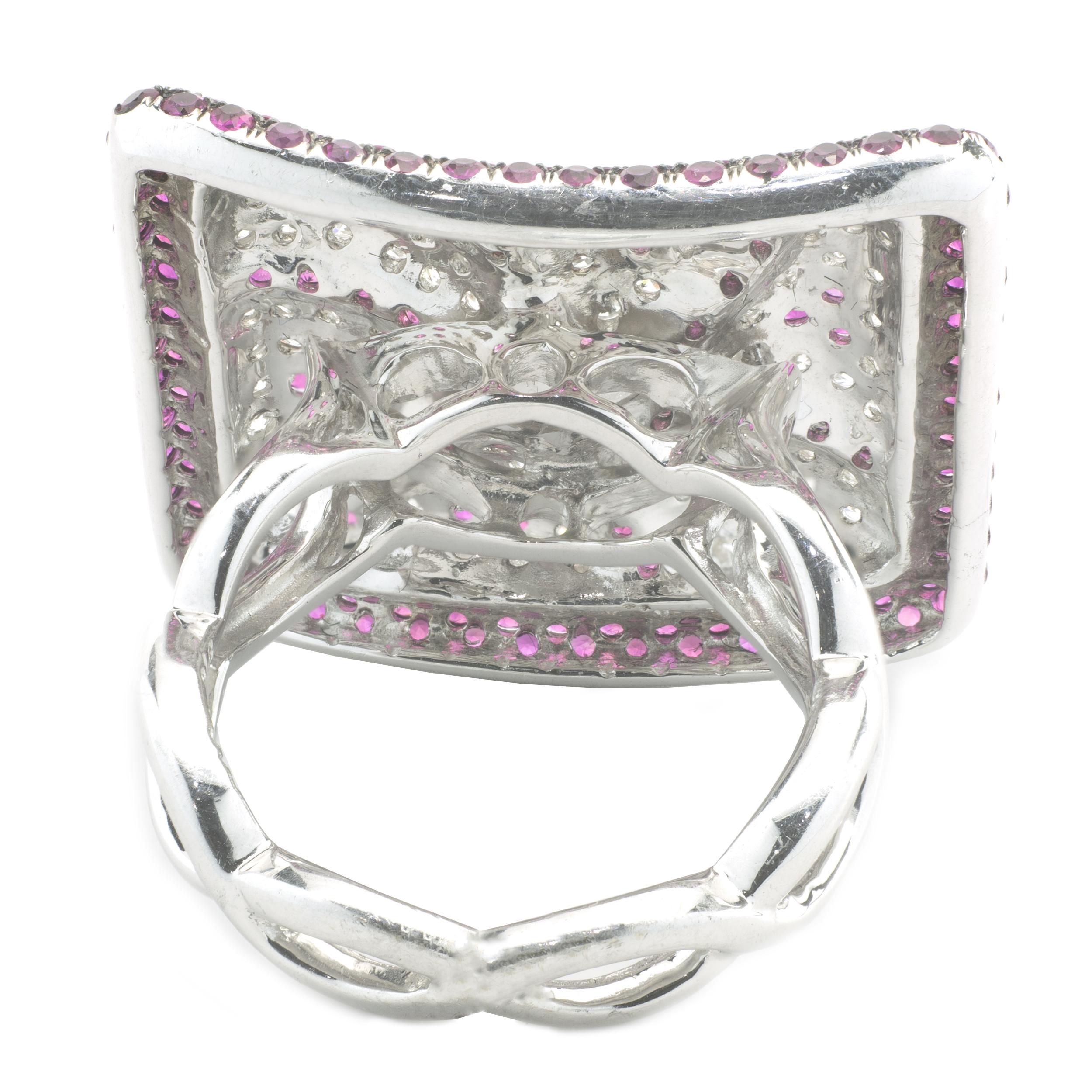 18 Karat White Gold Pave Diamond and Pink Sapphire Rectangle Fashion Ring In Excellent Condition In Scottsdale, AZ