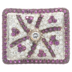 18 Karat White Gold Pave Diamond and Pink Sapphire Rectangle Fashion Ring