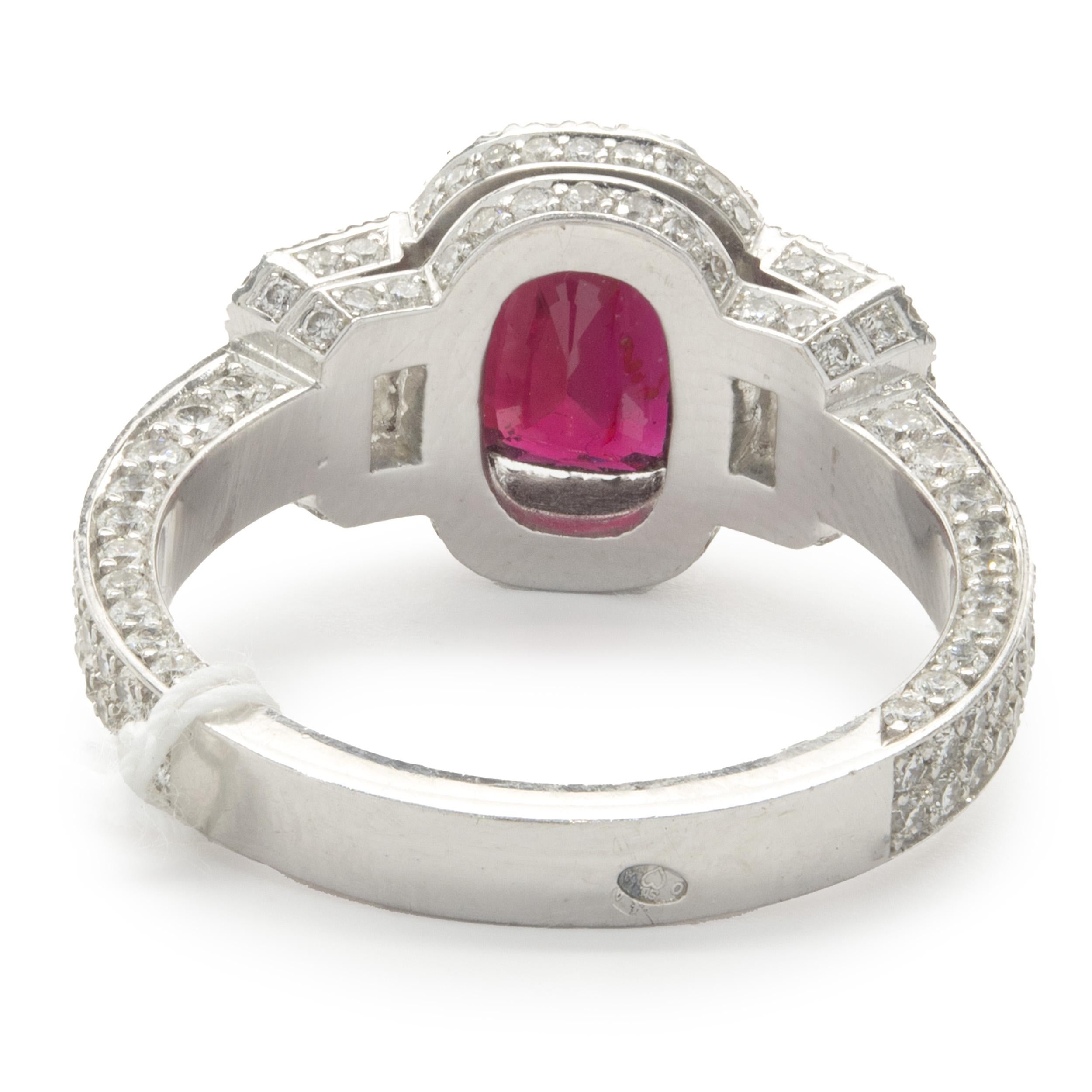Oval Cut 18 Karat White Gold Pave Diamond and Ruby Ring For Sale