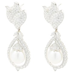18 Karat White Gold Pave Diamond and South Sea Pearl Drop Earrings