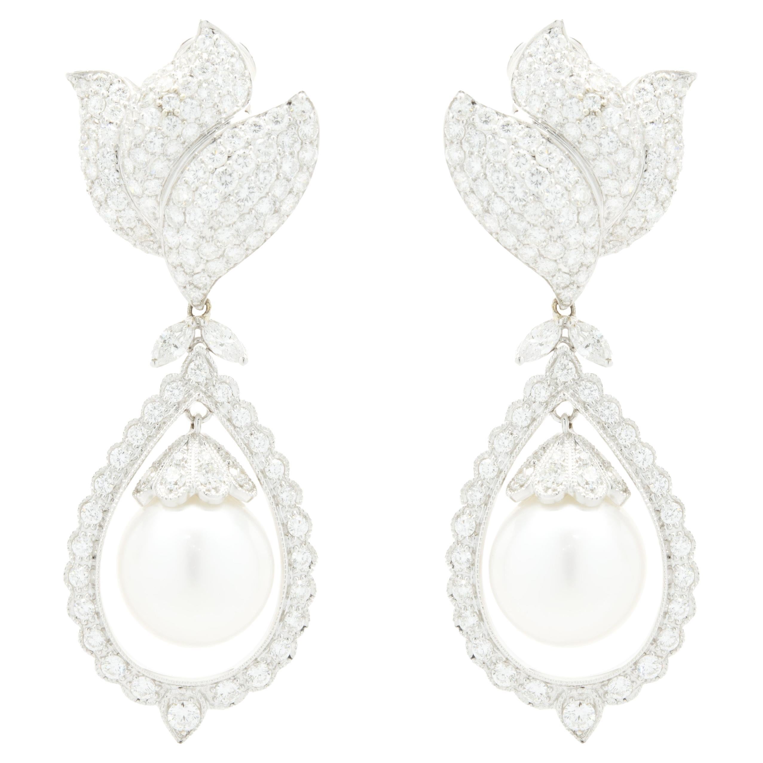 18 Karat White Gold Pave Diamond and South Sea Pearl Drop Earrings For Sale