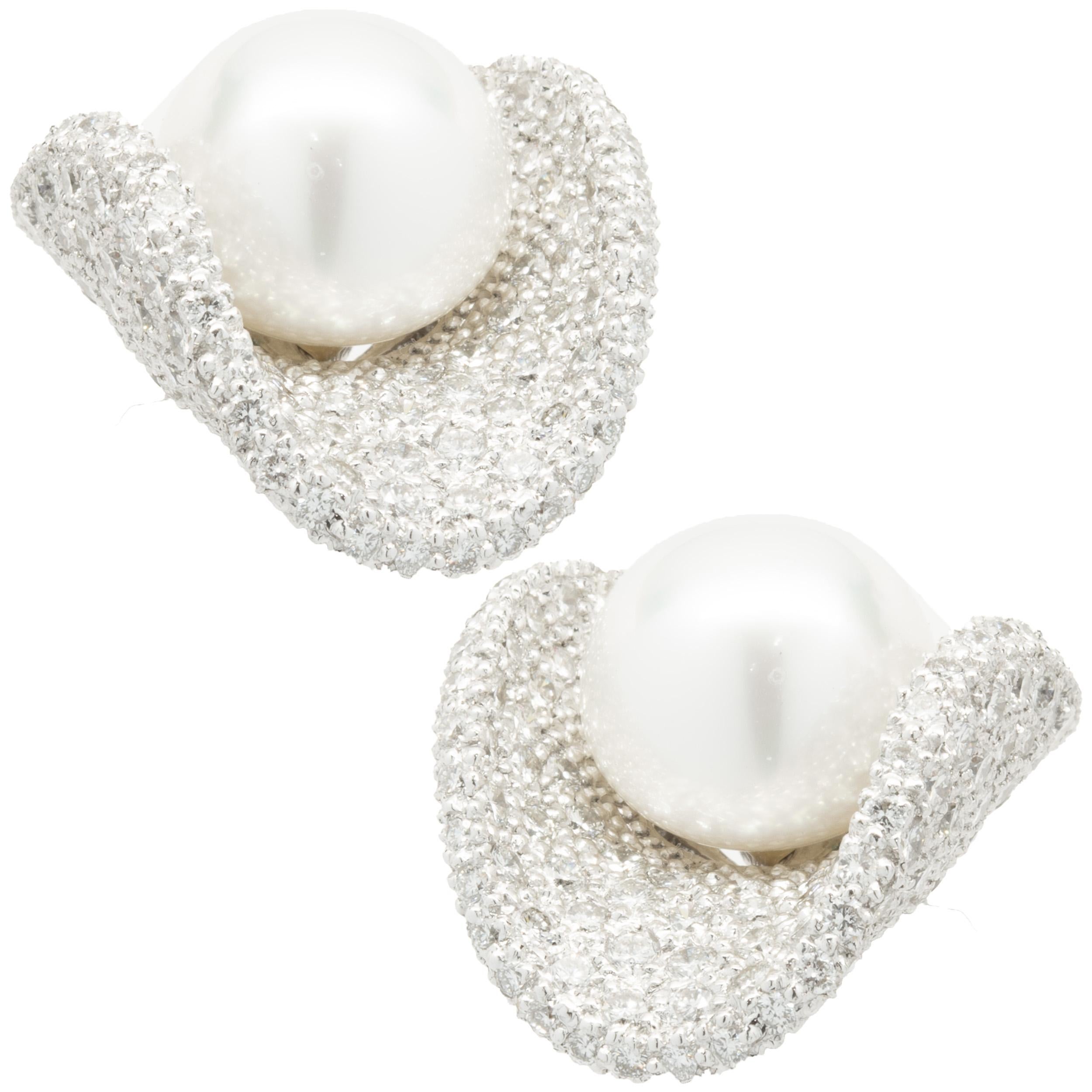 Round Cut 18 Karat White Gold Pave Diamond and South Sea Pearl Ring and Earrings SET For Sale