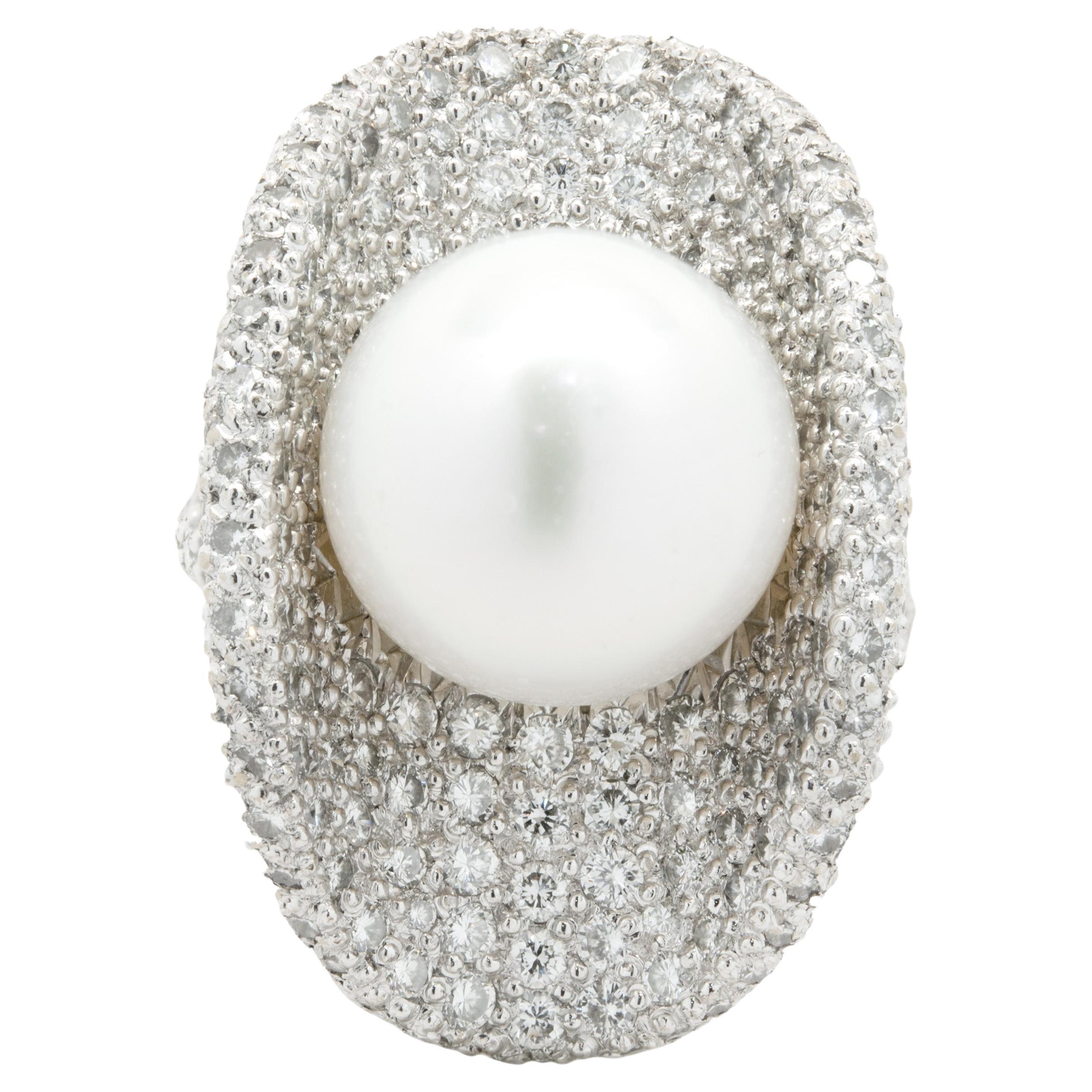 18 Karat White Gold Pave Diamond and South Sea Pearl Ring and Earrings SET For Sale