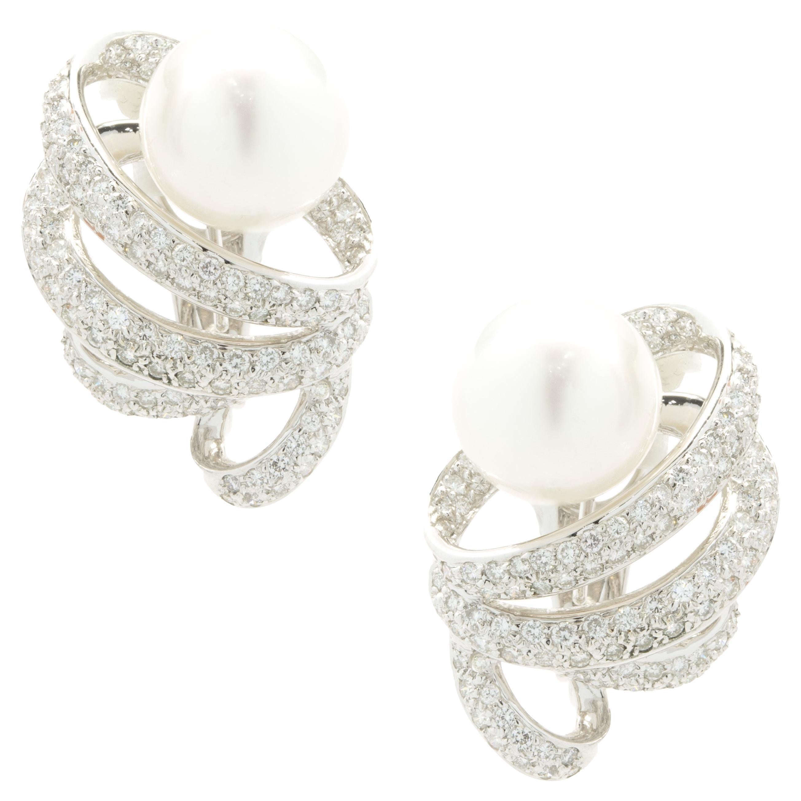 18 Karat White Gold Pave Diamond and South Sea Pearl Swirl Earrings For Sale