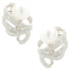 18 Karat White Gold Pave Diamond and South Sea Pearl Swirl Earrings