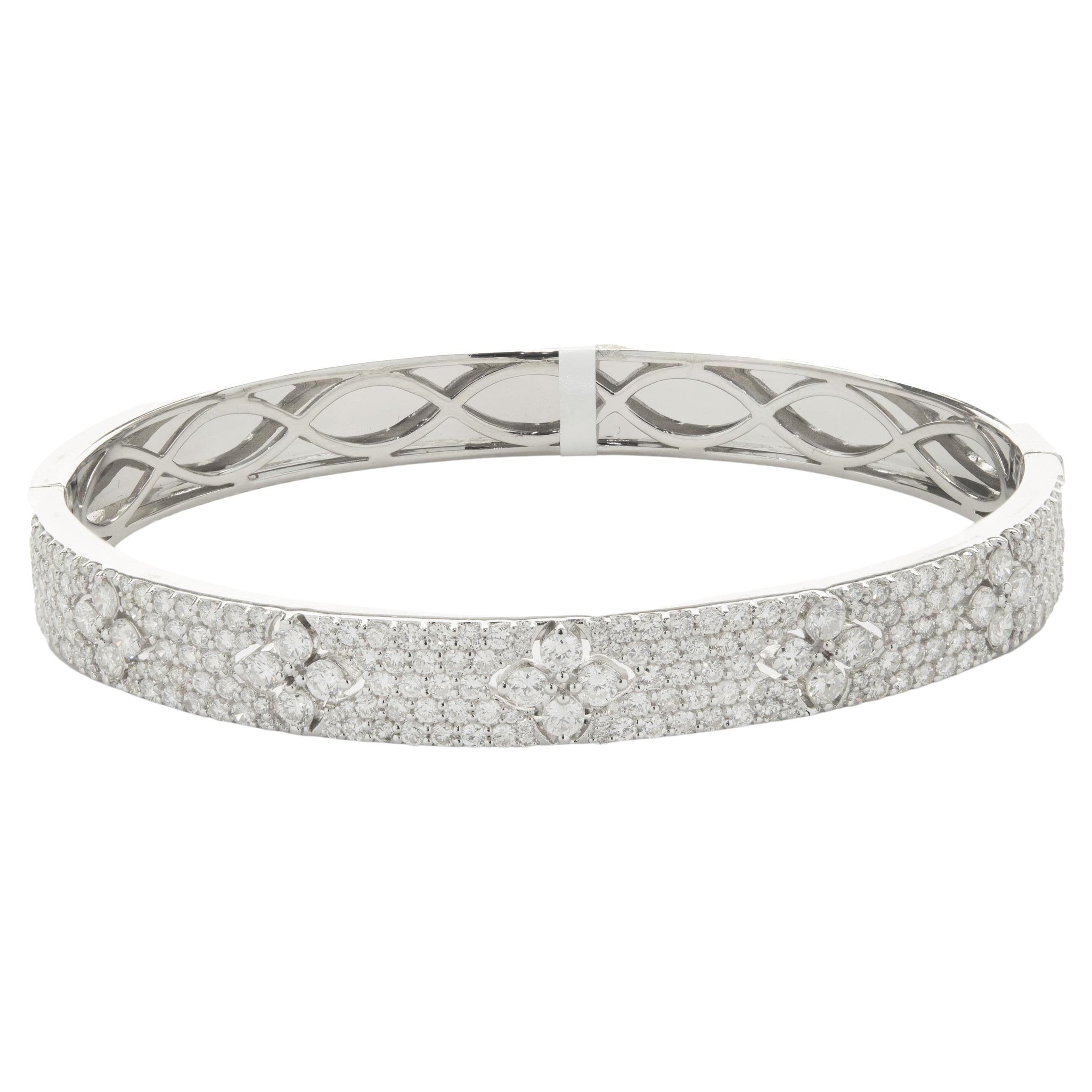 Pave Diamond Three 'X' Station Hinged Bangle Bracelet 18 Karat White