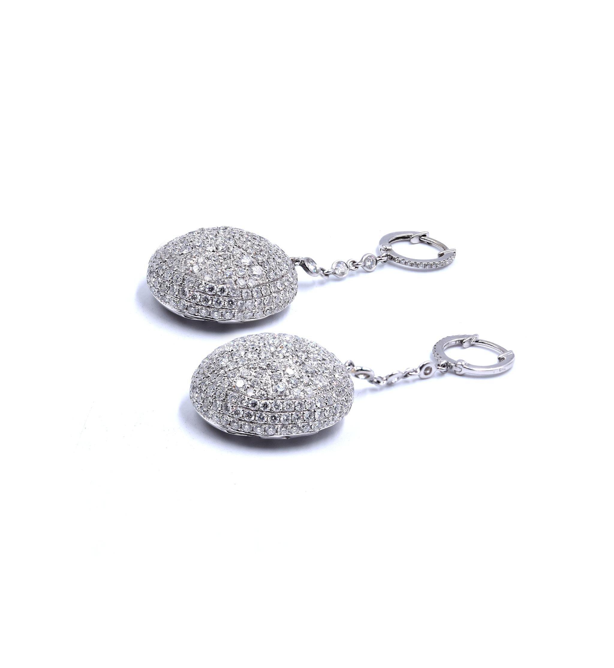 Brilliant Cut 18 Karat White Gold Pave Diamond Button Drop Earrings