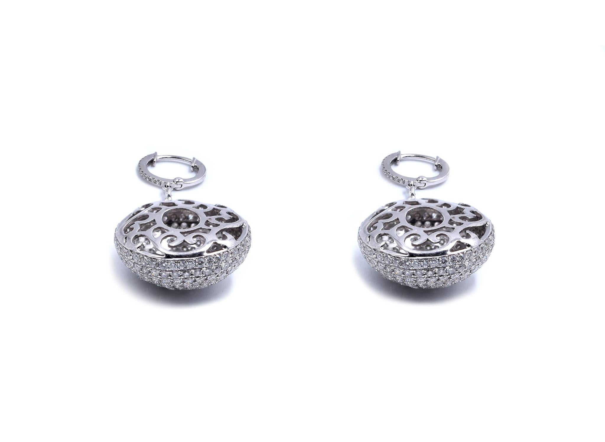 18 Karat White Gold Pave Diamond Button Drop Earrings In Excellent Condition In Scottsdale, AZ