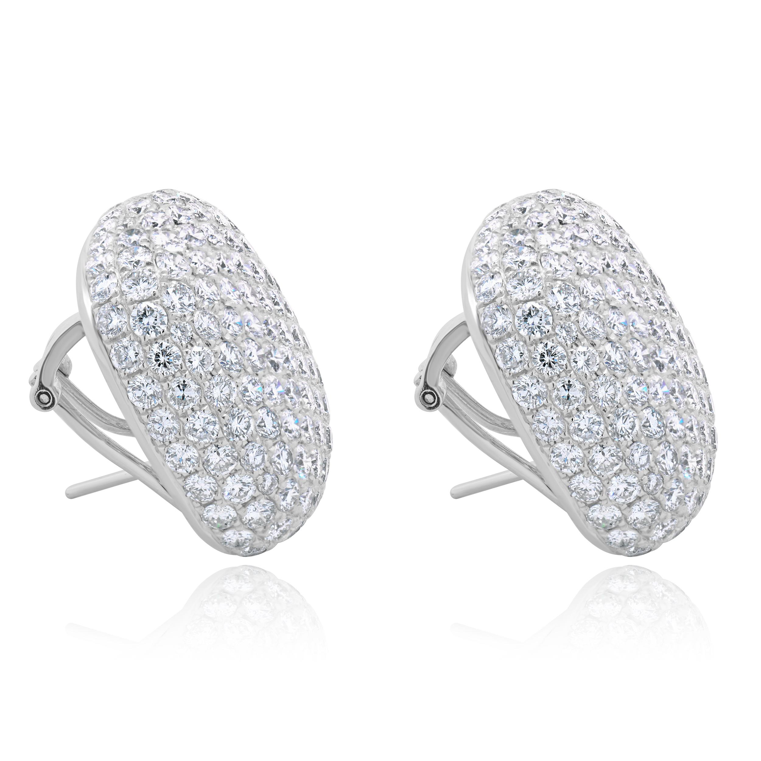 Designer: custom design
Material: 18K white gold
Diamonds: 579 round brilliant cut = 13.65cttw
Color: G
Clarity: VS1-2
Dimensions: earrings measure 22 x 22mm 
Weight: 18.35 grams

