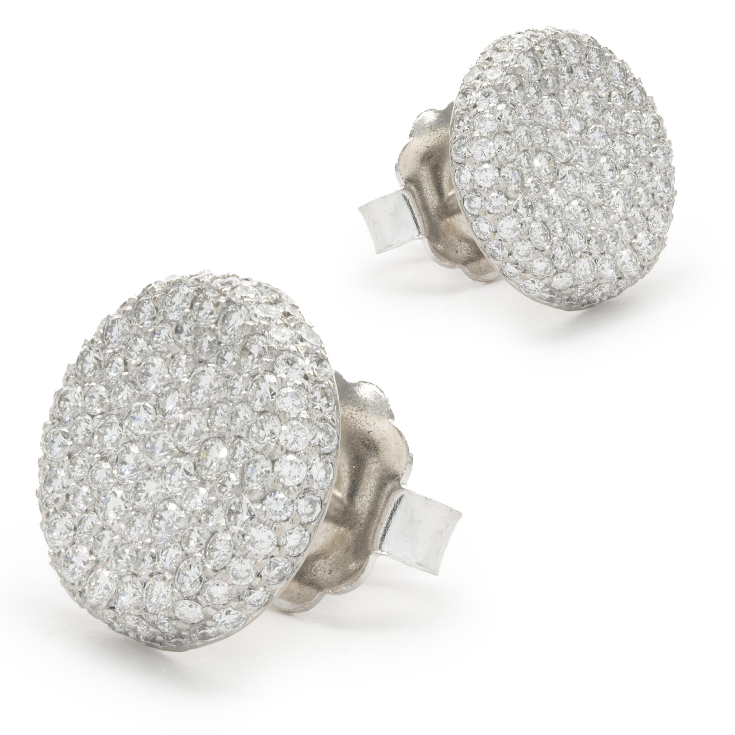 Round Cut 18 Karat White Gold Pave Diamond Button Stud Earrings