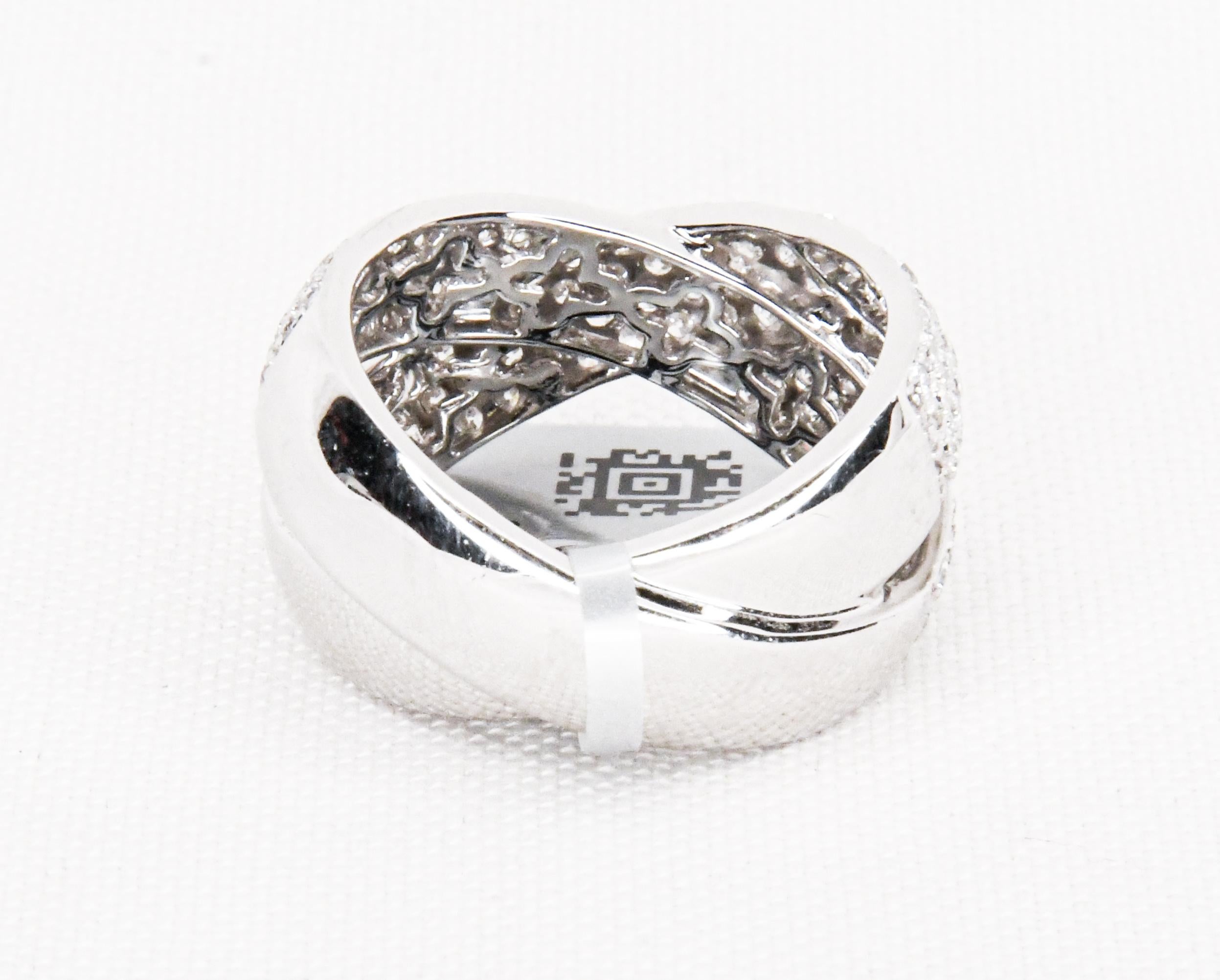 Brilliant Cut 18 Karat White Gold Pave Diamond Cross Over Design Band Ring For Sale