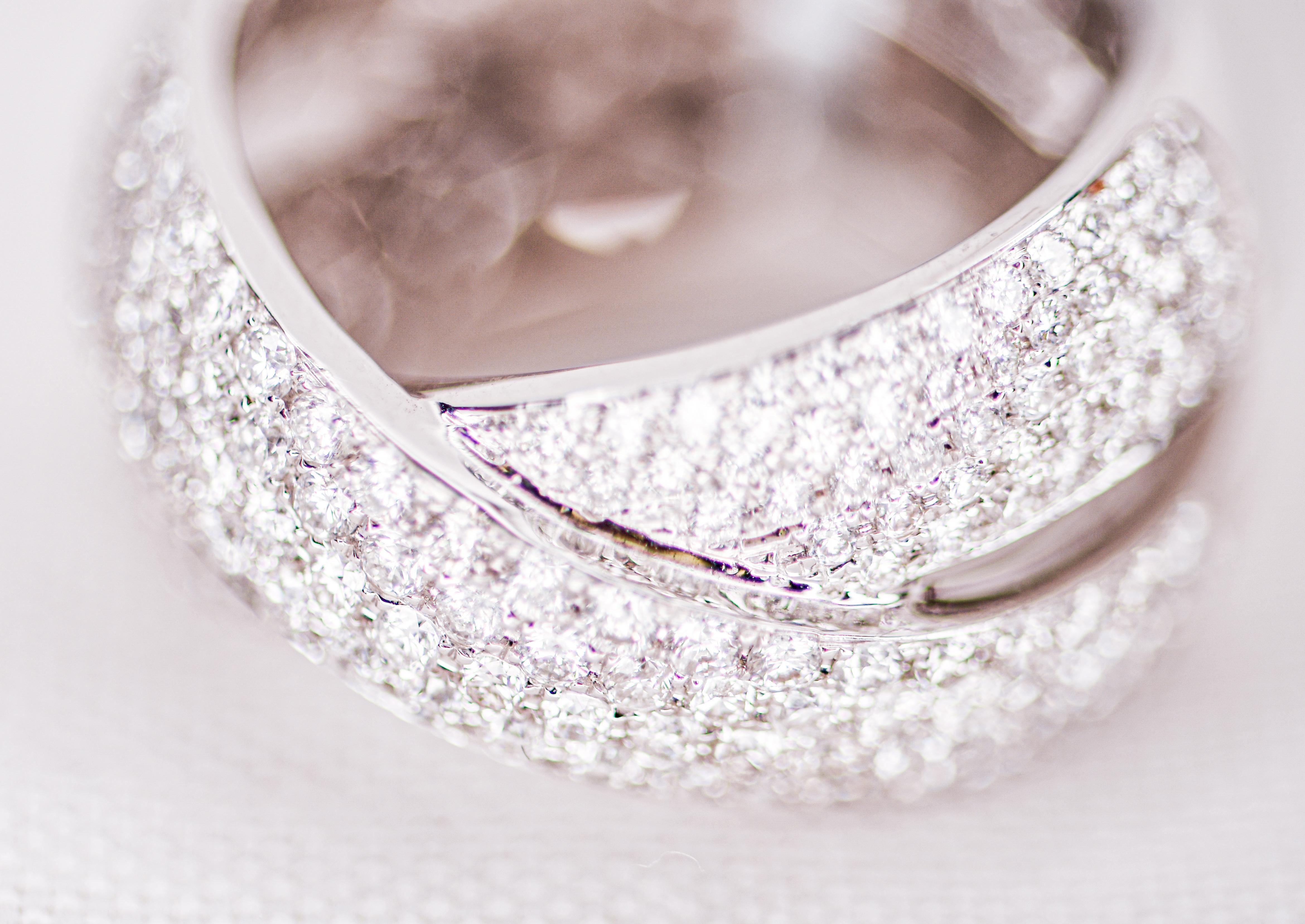 Women's or Men's 18 Karat White Gold Pave Diamond Cross Over Design Band Ring For Sale